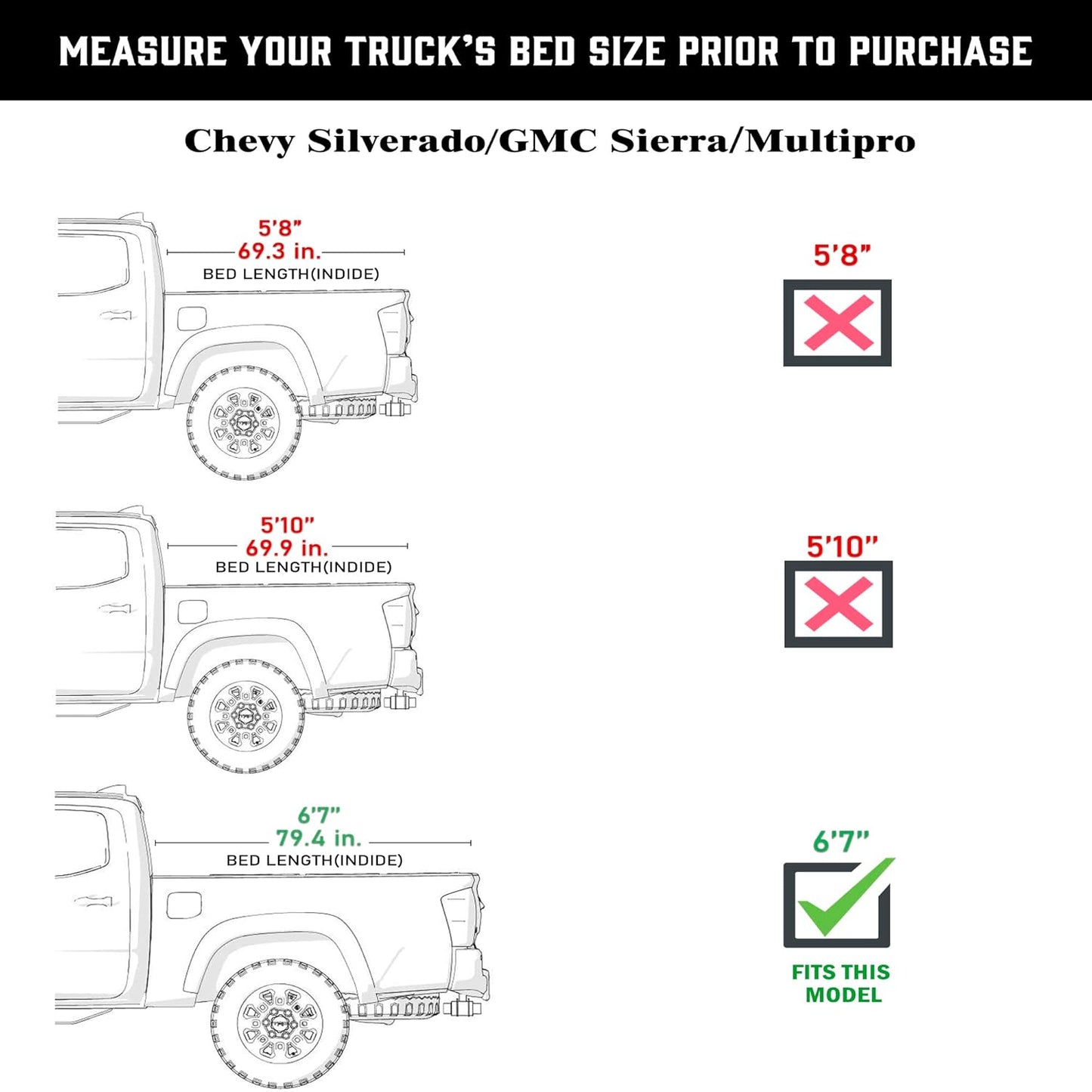 TGN Tri Fold Tonneau Cover for  2019 - 2025 Silverado/Sierra 6'7" Bed (79.4") - TGNHTF03Z0