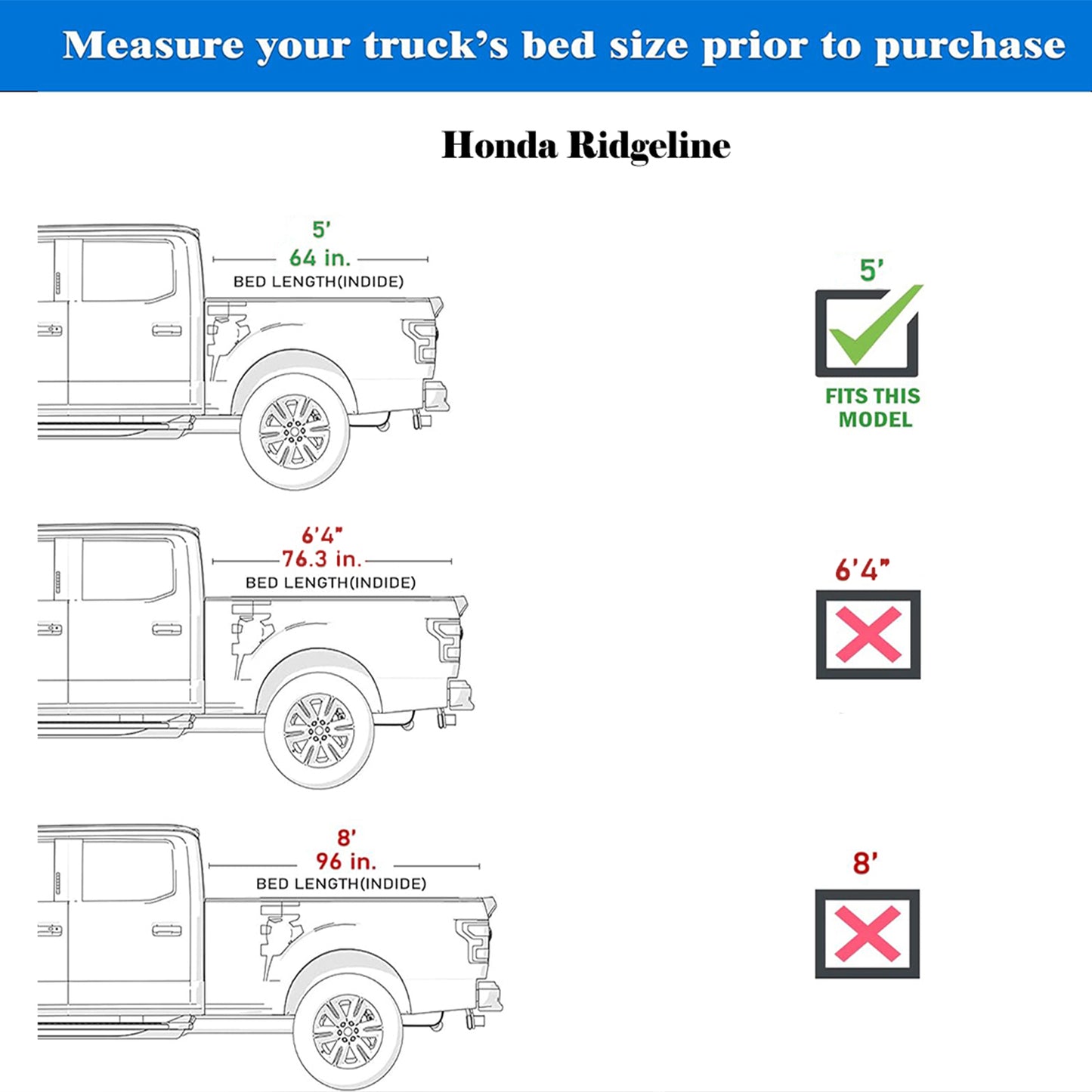 TGN Tri Fold Tonneau Cover for  2017-2025 Honda Ridgeline 5' Bed (64") - TGNHTF03Z9